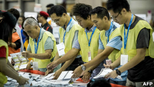 香港选举工作人员清点选票