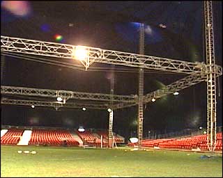Inside tent: Giant scaffolding rig
