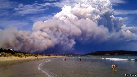 由于火势越来越大，不少灾民被迫前往海滩躲避大火
