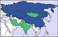 کشورهای عضو با رنگ آبی و کشورهای ناظر با رنگ سبز