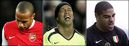 De izquierda a derecha: Thierry Henry, Ronaldinho y Adriano