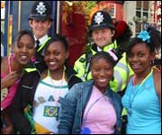 Revelers and police officers.