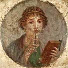 Image of an ancient Roman fresco portrait of a young woman holding a stylus