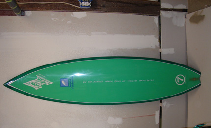 Clean lines or what ... Markus new Bonzer lies waiting for its first session - A Channel Islands Flyer II template. 6'6". It's also vinylester resin. Very strong and light. Pic Dec 06 