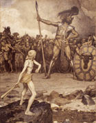 The gigantic, armoured Goliath, twice the size of the men around him, leans on his spear and laughs as a young David readies his sling