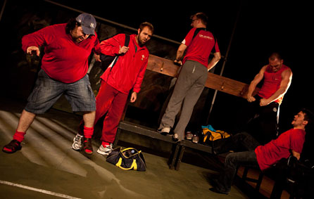 The Up 'n' Under cast in the changing room. Photo: Emyr Young