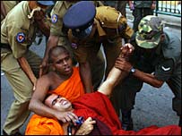 Protesting monks after tear gas attack (photo Sena Vidanagama)