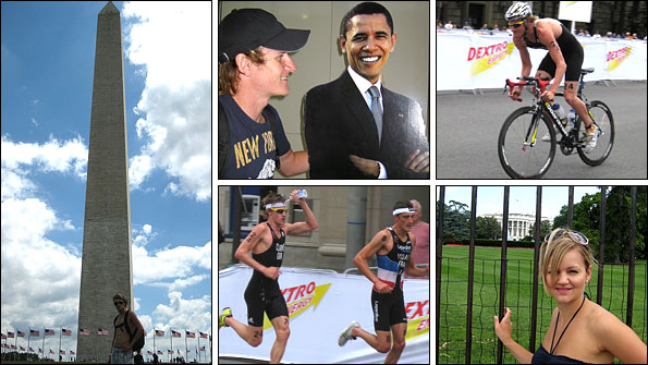 Clockwise from left: Washington Monument, Will and the 'President', on the bike in DC, fiancee Clare at the White House, overheating on the Washington streets