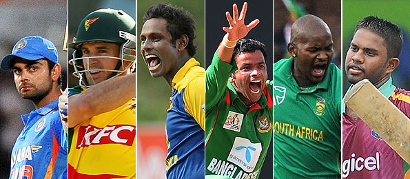 Virat Kohli, Ryan ten Doeschate, Angelo Mathews, Abdur Razzak, Lonwabo Tsotsobe and Adrian Barath