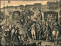 Detalhe de quadro de Henry L'Évêque (1768-1845) mostrando o embarque da família real portuguesa para o Brasil em 1807