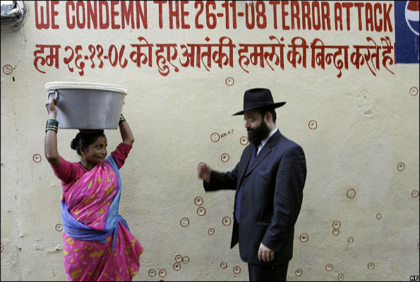 A rabbi outside the Jewish cultural centre which was targeted during Mumbai attacks