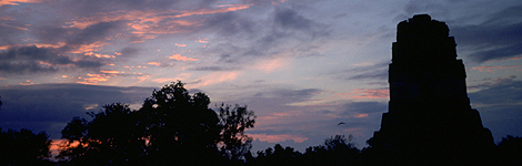 Mayan temple ruins at dusk