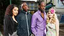(L-R) Naz (Emaa Hussen), Soloman (Tosin Cole), Asher (Heshima Thompson) and Stevie (Amanda Fairbank-Hynes)