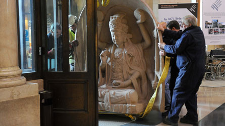 Stone carving being delivered into Cardiff museum building