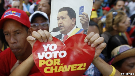 加拉加斯委內瑞拉國民議會大樓外查韋斯支持者舉起其肖像（5/1/2013）