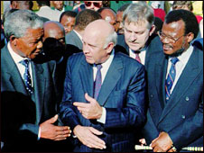 South Africa leaders Nelson Mandela, FW De Klerk and Chief Mangosuthu Buthelezi prior to peace talks about the removal of the apartheid system of government.