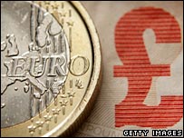 euro coin and £10 note