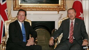 Turkish Prime Minister Recep Tayyip Erdogan [right] and British counterpart Prime Minister David Cameron