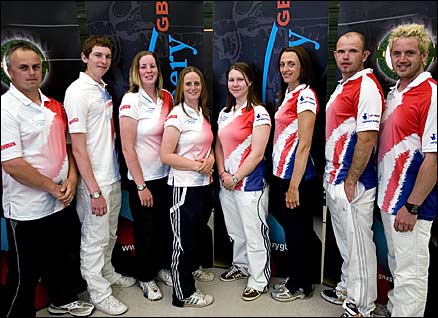 (l-r) British archers Simon Terry, Tom Barber, Charlotte Burgess, Naomi Folkard, Emma Downie, Alison Williamson, Alan Wills and Larry Godfrey