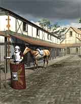A reconstruction of a street in Calleva with buildings and Roman soldier