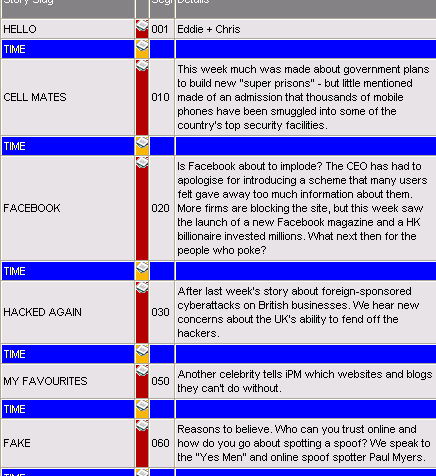 Screengrab of iPM running order for 8 December 07