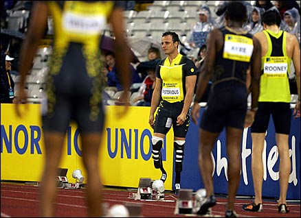 South Africa's Oscar Pistorius competing in the 400m against able-bodied athletes at a Grand Prix meeting in Sheffield last year