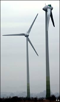 Wind turbines, one broken