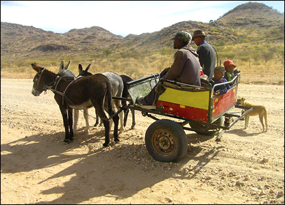 Namibia: A family take to the road south of Windhoek on a donkey-powered buggy. 