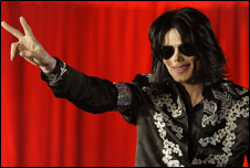 Michael Jackson at a press conference, announcing his comeback tour