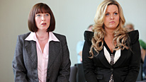 Elaine (Lisa Millett, left) and Jackie (Jo Joyner) head to an employment tribunal