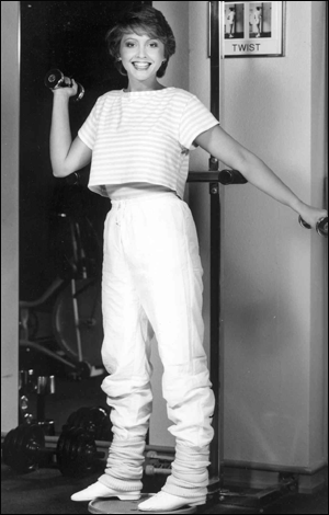 Anne Diamond feels the burn in classic 80s crop top and legwarmers.
