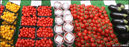 Varieties of tomato on offer at a market stall