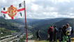 The crew filming views over Treherbert and Treorchy in the distance.