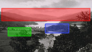 Black and white view across Loch Tummel. Coloured boxes highlight the line of hills and mountains in the background, a line of trees in the middle distance and a small tree-covered hill near the middle of frame