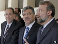 علی لاریجانی، عبدالله گل وزیر خارجه ترکیه، سولانا در آنکارا