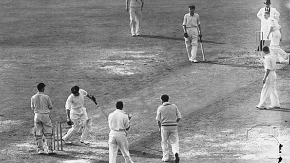 Don Bradman is out for a duck in his final Test. Arthur Morris was batting at the other end