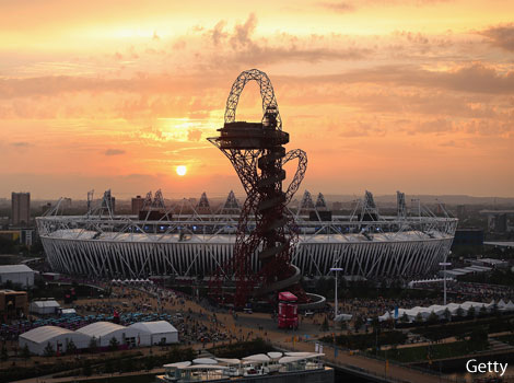 The sun sets over the Olympic park for the final time during London 2012.