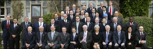 Finance ministers and central bankers from the Group of 20 nations, which represent more than 80 percent of the world economy, gather for a photograph at the G20 Finance Ministers meeting at a hotel near Horsham in England, Saturday, March 14, 2009