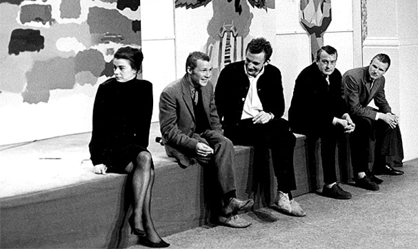 Bridget Riley, Michael Vaughan, Patrick Proctor, Bryan Robertson (director of the gallery), Paul Huxley on an outside broadcast from the Whitechapel Art Gallery in London