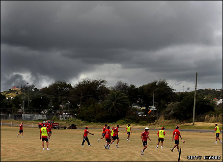 England practice under dark clouds in St John's