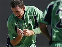 Trent Johnston performs his celebratory chicken dance