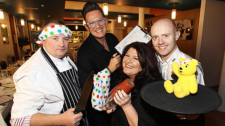 BBC Northern Ireland presenters stage a takeover of Belfast restaurant 27 Talbot Street for Children in Need. (L-R) "head chef" Stephen Nolan, "maître d'" Alan Simpson, "cocktail waitress" Kim Lenaghan and "waiter" Barra Best. 