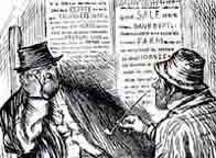 Illustration showing a couple of unhappy and supposedly bankrupt farmers