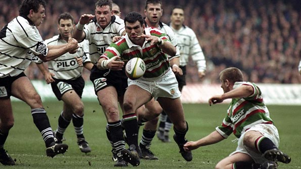 Martin Johnson in action for Leicester Tigers early on in his career