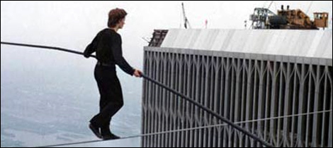 Philippe Petit crossing the Twin Towers in New York