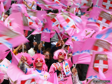 French football fans wearing pink clothes