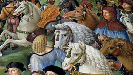 Detail of a medieval painting of horses in battle