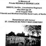 Reg Lack memorial - submitted with the permission of the Commonwealth War Graves Commission Reg Lack memorial - submitted with the permission of the Commonwealth War Graves Commission