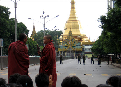 Blocks routes in downtown Rangoon.