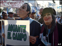 Manifestantes com máscaras de Néstor e Cristina Kirchner e cartaz de apoio ao setor rural